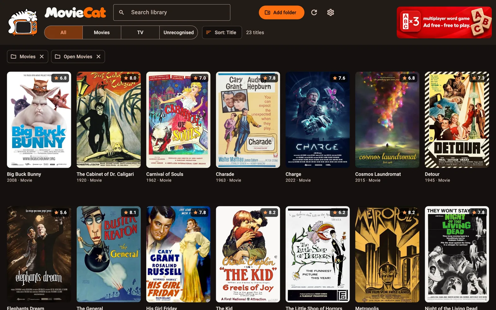 MovieCat library view: a grid of movie posters with IMDb ratings
